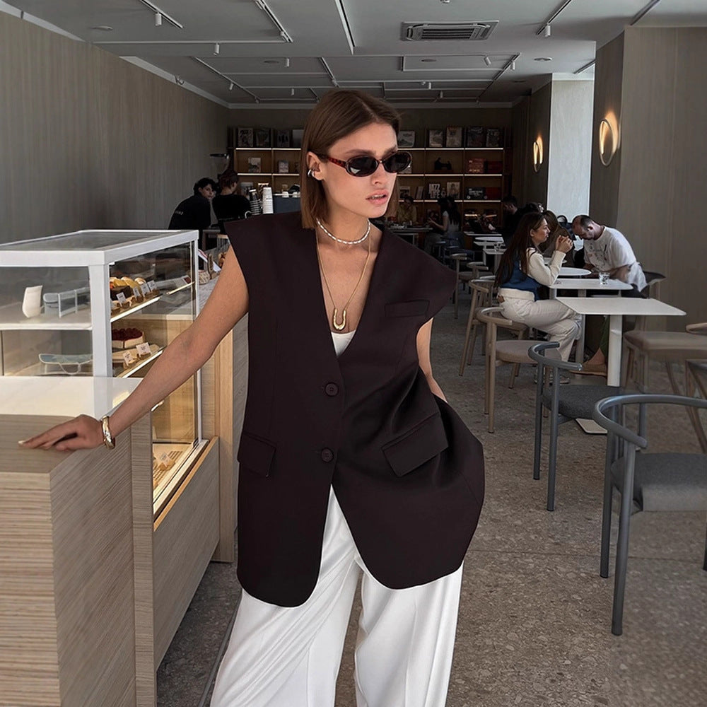 Women Sleeveless Long Blazer Vest with Structured Shoulders and Long Ties EVA-US