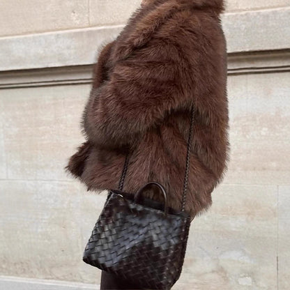 Women Short Voluminous Faux Fur Jacket in Boxy Cut with Large Shawl Collar EVA-US