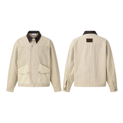Men's short jacket in field style with cord utility pockets and contrasting leather collar EVA-US