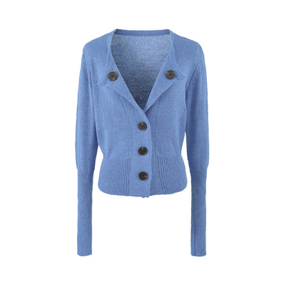 Women's Cropped Tailored Cardigan with Shawl Collar and Large Decorative Buttons EVA-US