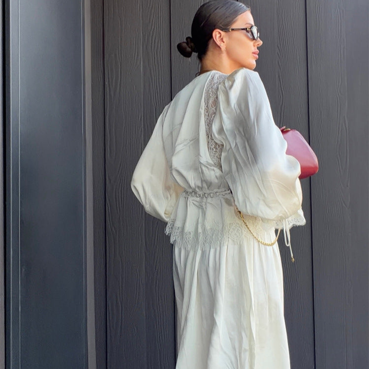 Women's One-Piece Satin Jumpsuit with Lace Yoke, Puff Sleeves, and Voluminous Harem Pants EVA-US