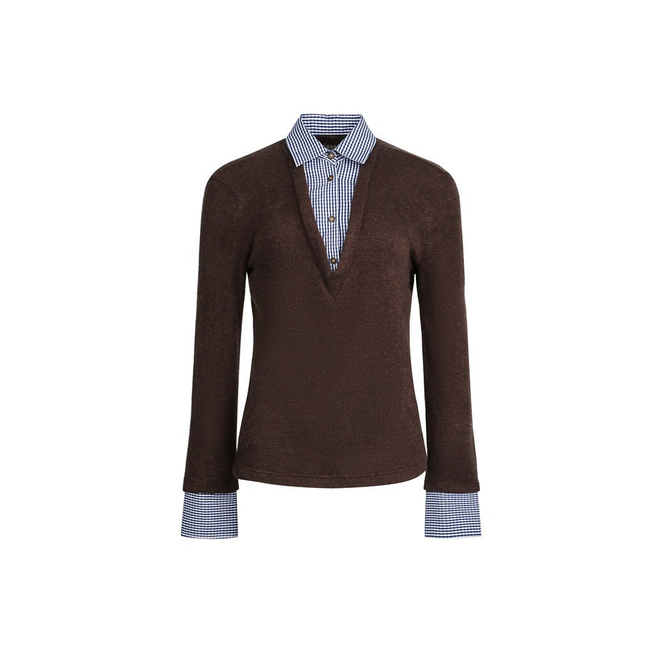 Women's Layered Look Sweater with Integrated Shirt Collar and Cuffs EVA-US