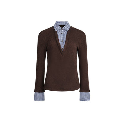 Women's Layered Look Sweater with Integrated Shirt Collar and Cuffs EVA-US