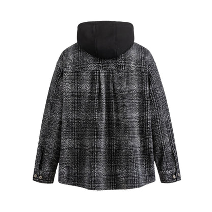 Men's Hooded Overshirt in Wool Blend with Check Pattern and Inserted Chest Pocket EVA-US