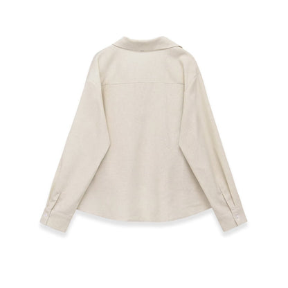 Women's Oversized Linen Blouse with Open V-Neck and Gathered Hem EVA-US