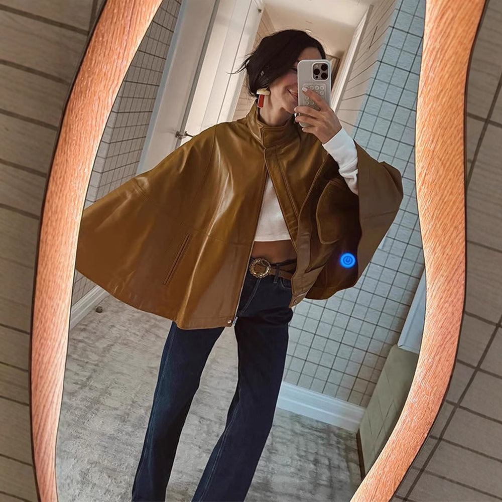 Women Cape-Sleeved Leather Jacket with Stand Collar EVA-US