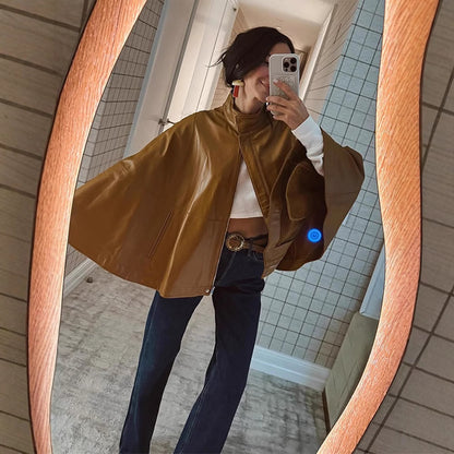 Women Cape-Sleeved Leather Jacket with Stand Collar EVA-US