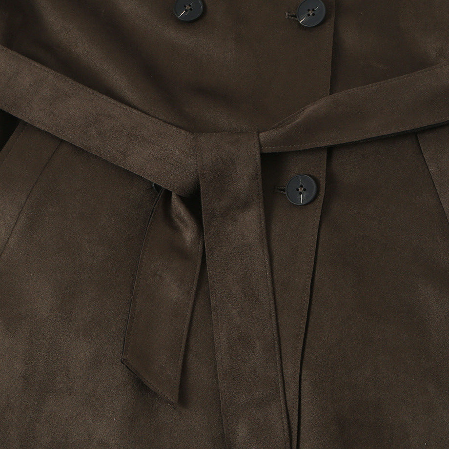 Women long cut trench coat made of suede look with tie belt EVA-US