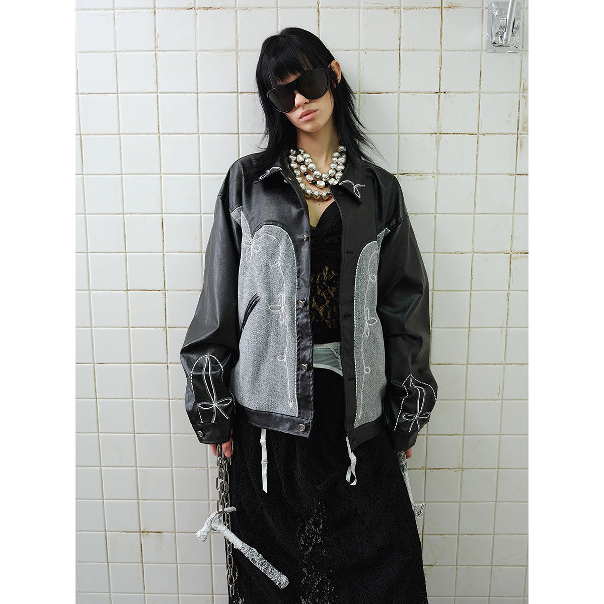 Unisex Boxy Blouson made of faux leather and wool blend with Western embroidery EVA-US