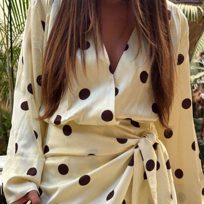 Ladies wrap mini dress with V-neck, bell sleeves and polka dot print EVA-US