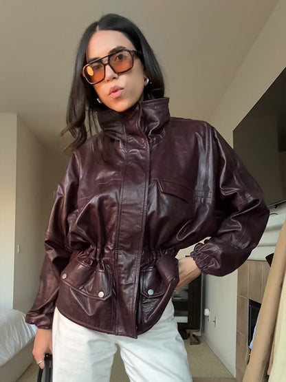 Women's Oversize Faux Leather Blouson with High Stand-Up Collar and Drawstring Waist