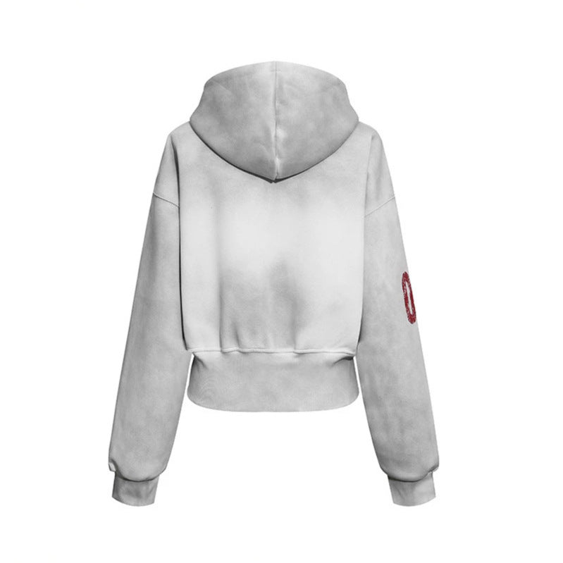 Women's Short-Cut Zip Hoodie made of French Terry with Polka Dot Hood Lining and Emblem Stitch EVA-US