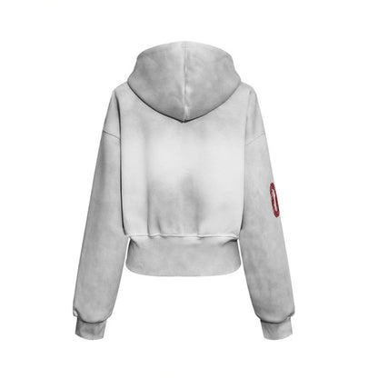 Women's Short-Cut Zip Hoodie made of French Terry with Polka Dot Hood Lining and Emblem Stitch EVA-US