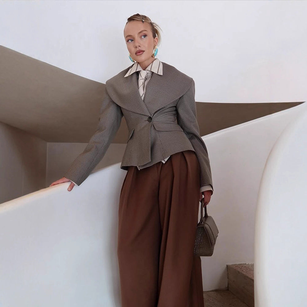 Women Tailored Blazer with Oversized Shawl Collar and Structured Peplum Waist EVA-US