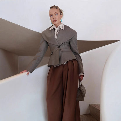 Women Tailored Blazer with Oversized Shawl Collar and Structured Peplum Waist EVA-US