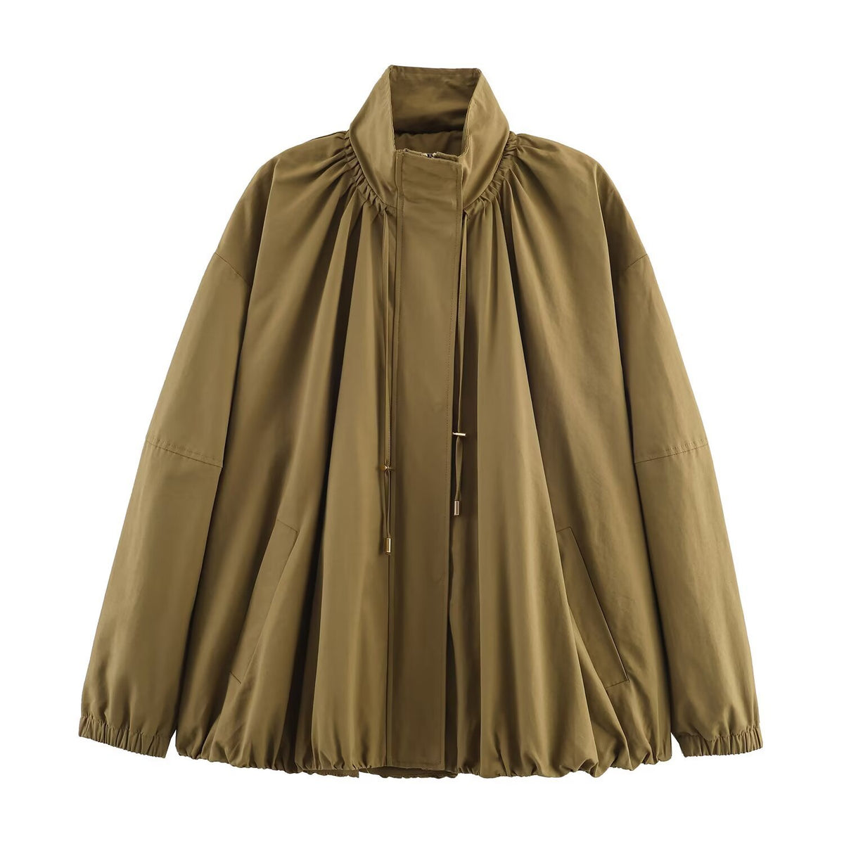 Women's Loose-Fitting Transitional Jacket with Drawstring Collar and Balloon-Shaped Hem EVA-US