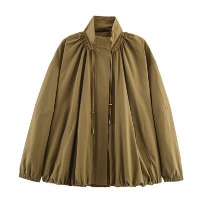 Women's Loose-Fitting Transitional Jacket with Drawstring Collar and Balloon-Shaped Hem EVA-US