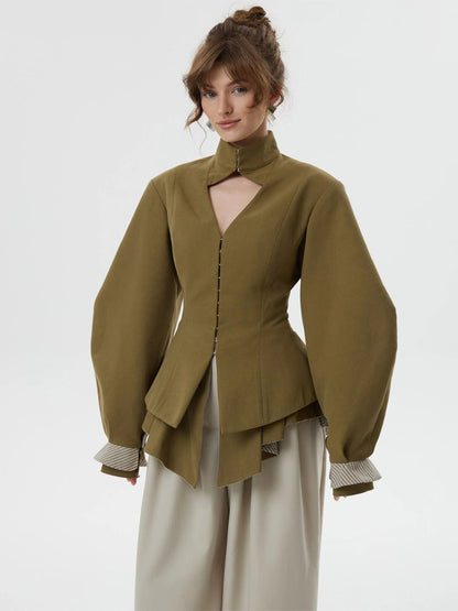 Women's tailored jacket with stand-up collar, cut-out and balloon sleeves EVA-US