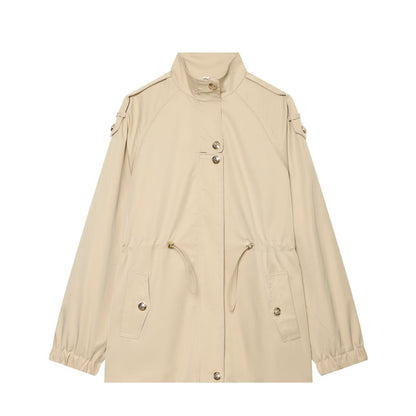 Women's lightweight parka with stand-up collar, drawstring waist, and shoulder patches EVA-US