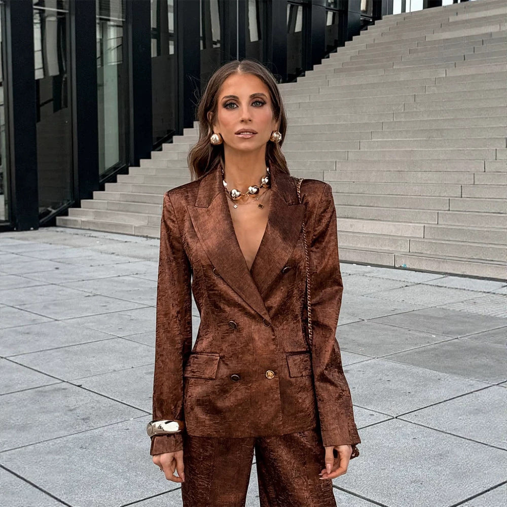 Women's Double-Breasted Velvet Blazer and Cropped Pants Co-Ord Set EVA-US