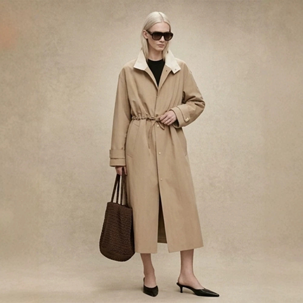Women's Tailored Coat in Trench Coat Style with Drawstring Waist and Contrast Collar EVA-US