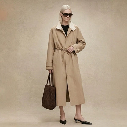 Women's Tailored Coat in Trench Coat Style with Drawstring Waist and Contrast Collar EVA-US