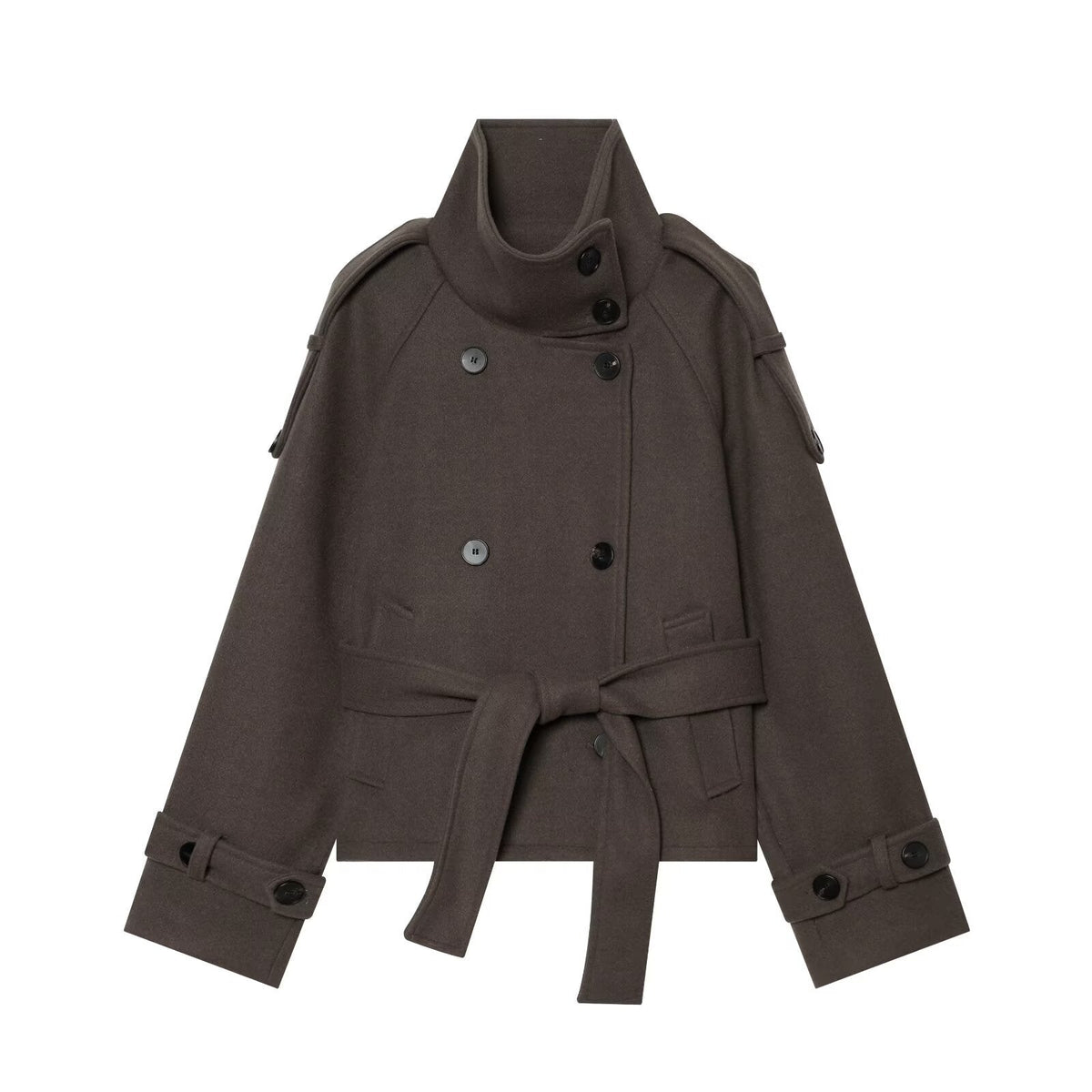 Women short double-breasted cape coat made of wool with stand-up collar shoulder epaulettes and tie belt EVA-US