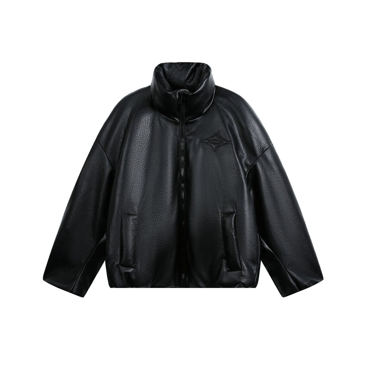 Women's Oversized Faux Leather Bomber Jacket with High Stand-Up Collar EVA-US