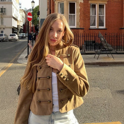 Women's tailored military jacket made of wool blend with stand-up collar and double button placket EVA-US