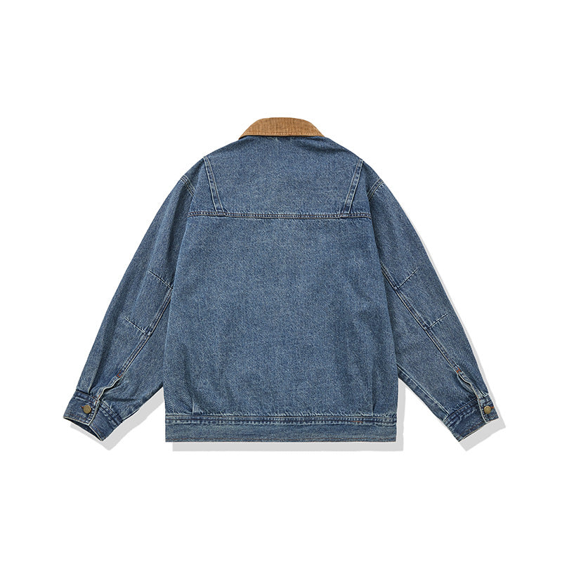 Men's Boxy Denim Blouson Jacket with Cord Collar and Multi-Function Flap Pockets EVA-US