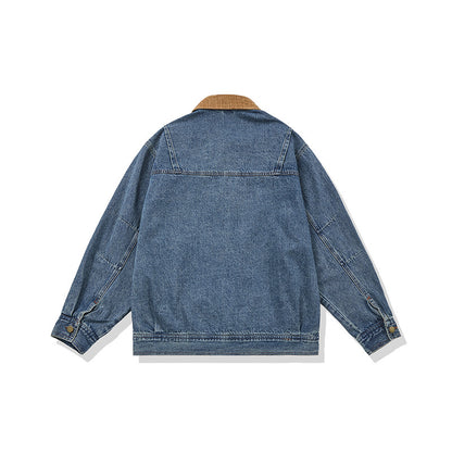 Men's Boxy Denim Blouson Jacket with Cord Collar and Multi-Function Flap Pockets EVA-US