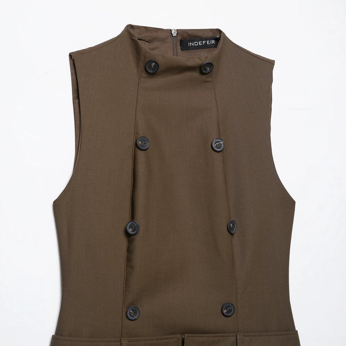 Women’s Sleeveless Pinafore Dress with Double-Breasted Button Placket and Tailored Fit EVA-US