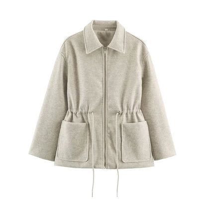 Women's short jacket made of wool blend with drawstring waist and patch pockets EVA-US