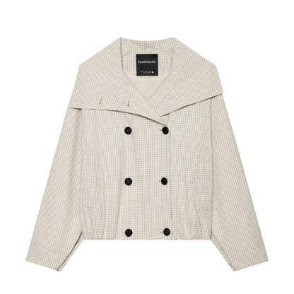 Women's Cropped Short Trench Coat with Wide Shawl Collar, Checkered Grid Print and Elastic Hem