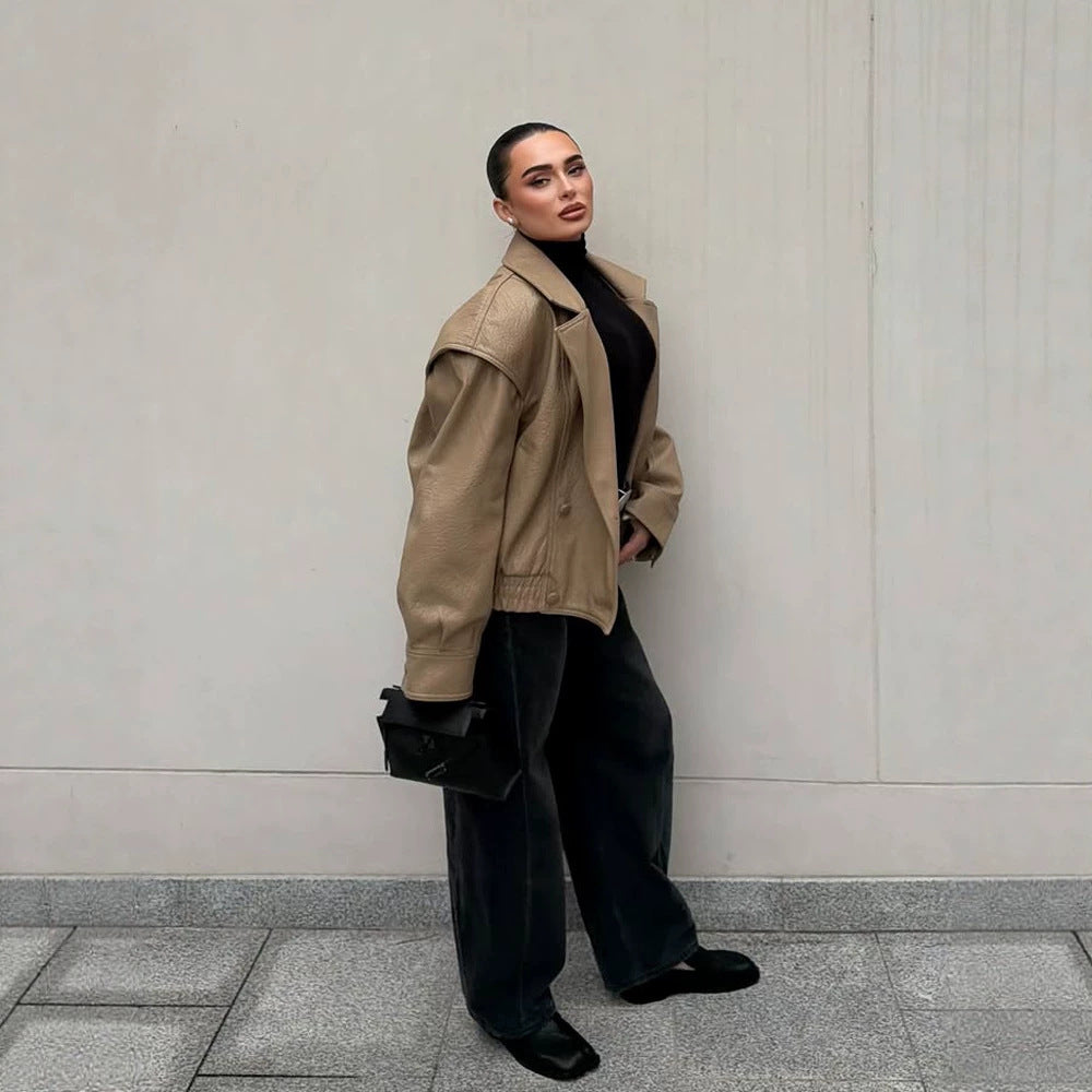 Women's Oversized Faux Leather Bomber Jacket with Boxy Cut and Wide Lapels EVA-US