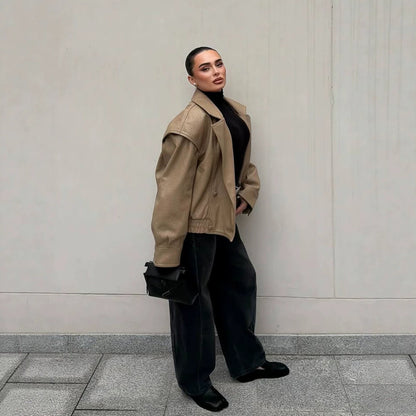 Women's Oversized Faux Leather Bomber Jacket with Boxy Cut and Wide Lapels EVA-US
