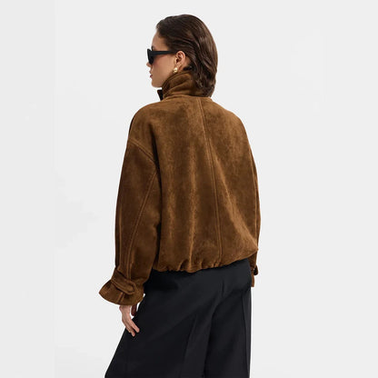 Women's Oversize Suede Blouson with Large Flap Pockets and Stand-Up Collar EVA-US