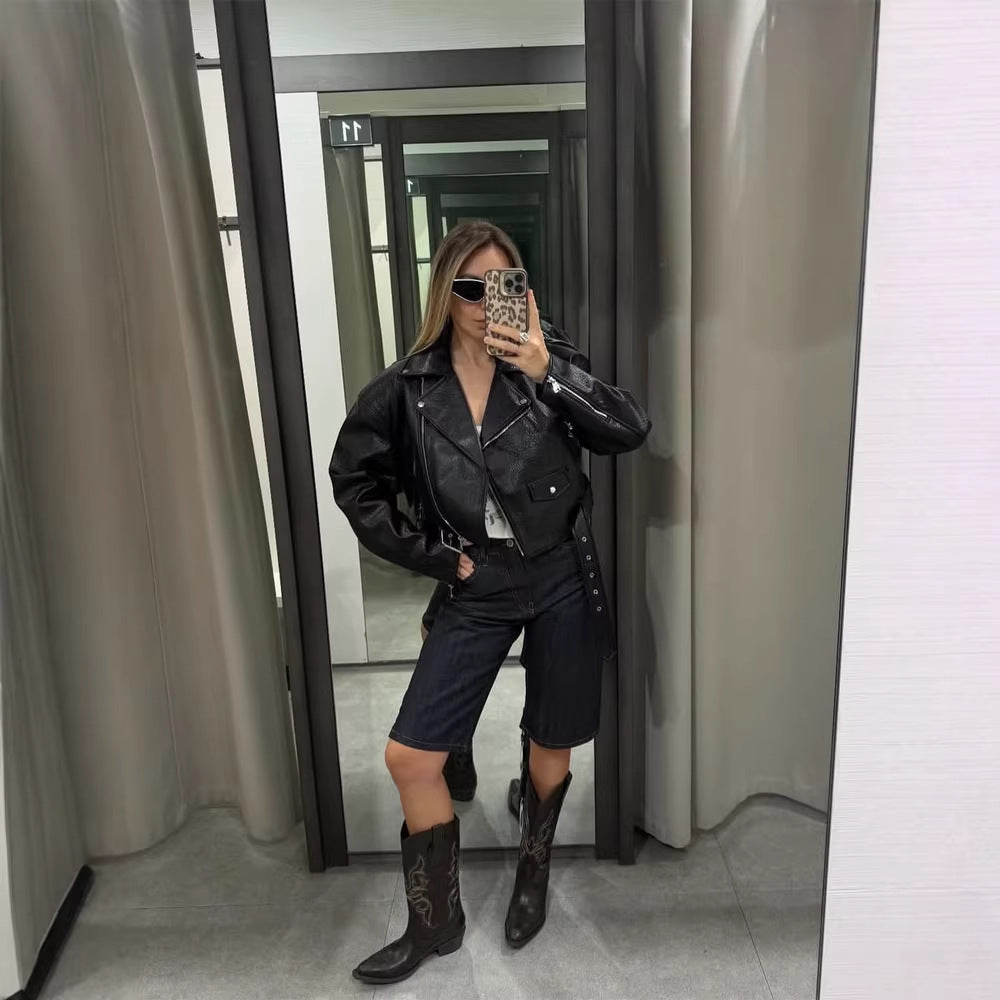 Women Short Structured Biker Jacket Made of Faux Leather EVA-US