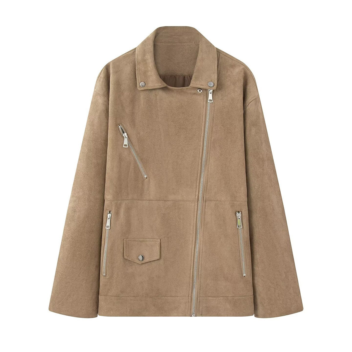Women Asymmetrical Suede Leather Look Biker Jacket with Stand-Up Collar and Zippers EVA-US