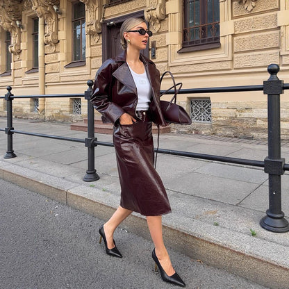 Women's Patent Leather Biker Jacket with Oversized Lapels, Boxy Cut & Visible Zipper EVA-US