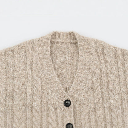 Women Large Knitted Oversize Cardigan with Cable Knit V-Neck and Patch Pockets EVA-US