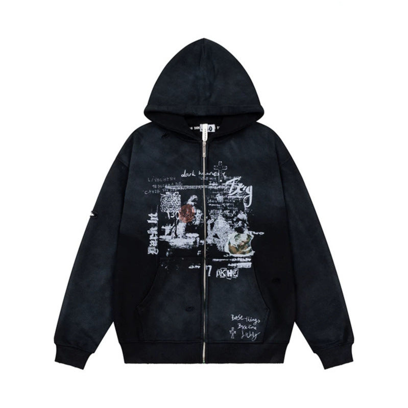 Unisex Oversize Hoodie with Zipper, Used Effect, Vintage Print and Kangaroo Pockets EVA-US