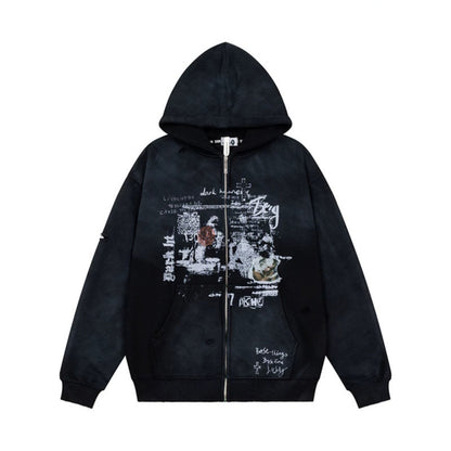 Unisex Oversize Hoodie with Zipper, Used Effect, Vintage Print and Kangaroo Pockets EVA-US