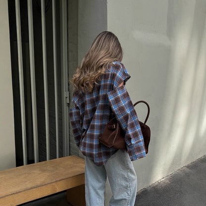 Women checkered oversized shirt jacket with cut-out sleeves and raw hem EVA-US
