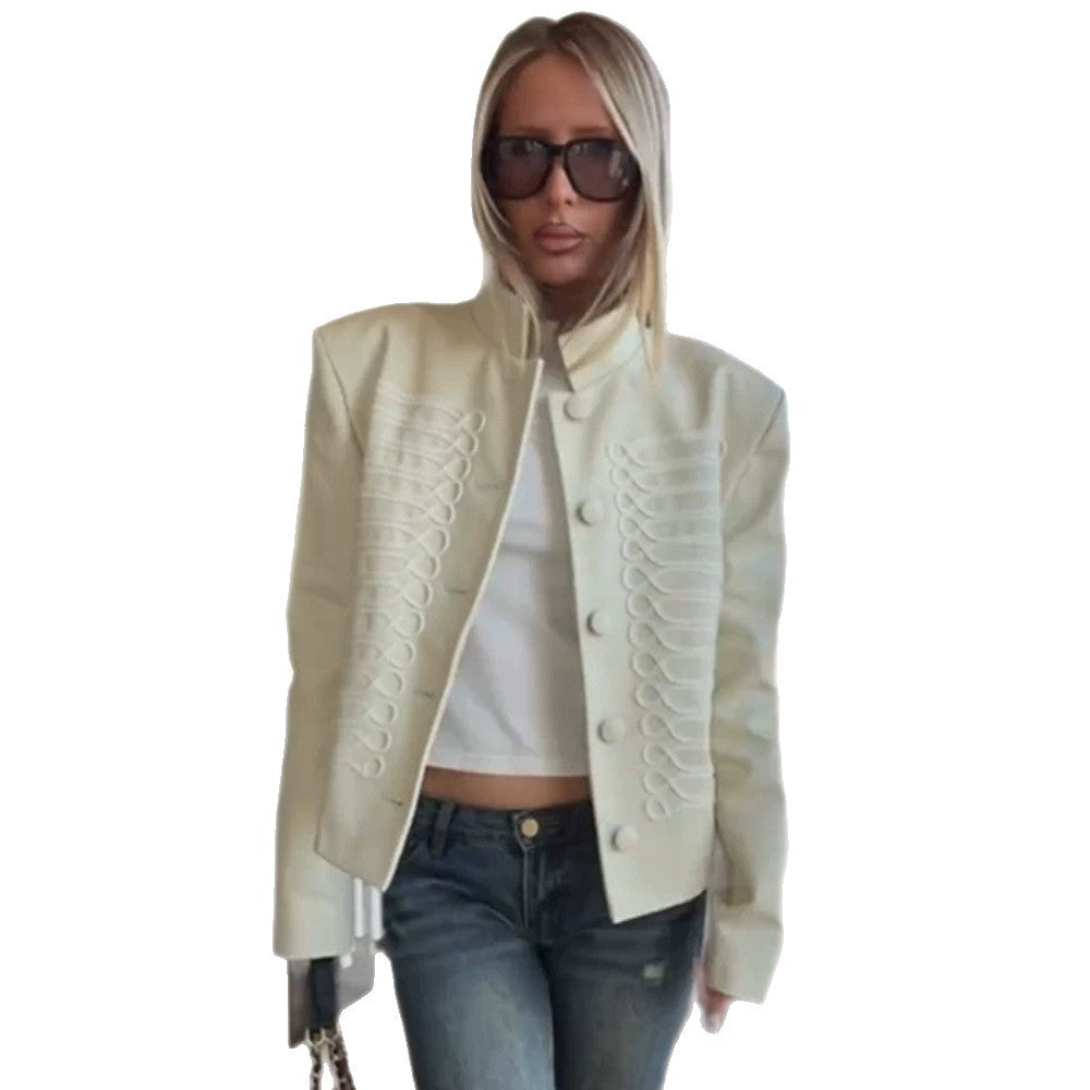 Women's short jacket in military style with decorative cord embellishment and stand-up collar EVA-US