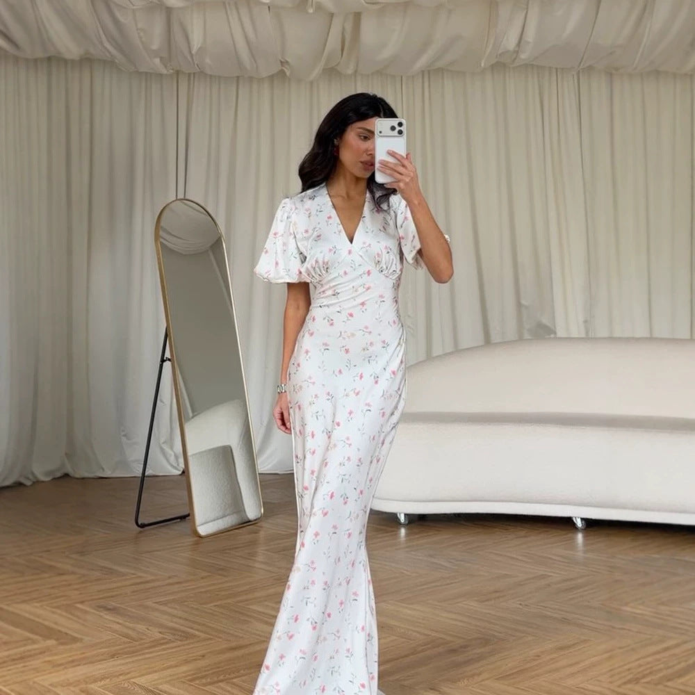 Women’s maxi dress with floral satin look, tailored silhouette and short puff sleeves EVA-US