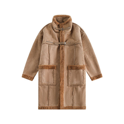 Women Long Oversize Sheepskin Imitation Coat with Stand-up Collar and Buckle Closure EVA-US
