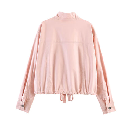 Women Lightweight Cropped Field Jacket with Stand-up Collar, Drawstring and Flap Pockets EVA-US