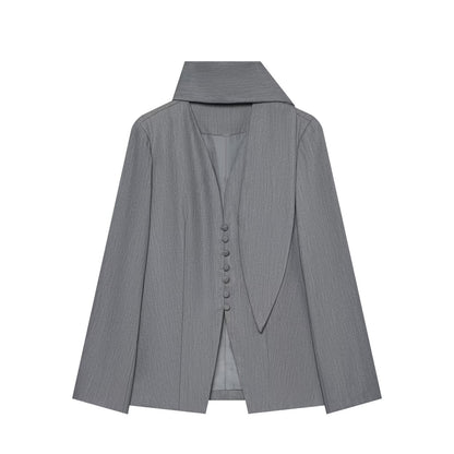 Women's Elegant Longline Blazer with High Funnel Collar and Overlapping Fabric Buttons EVA-US