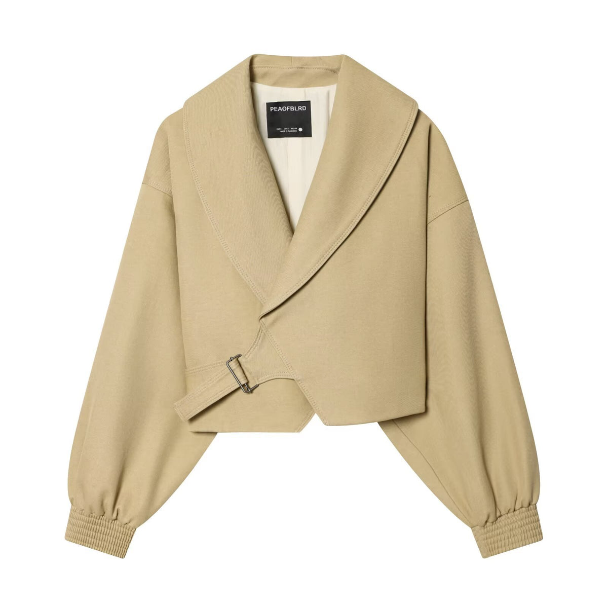 Women Cropped Trench Coat with Wide Shawl Collar, Tie Belt and Balloon Sleeves EVA-US